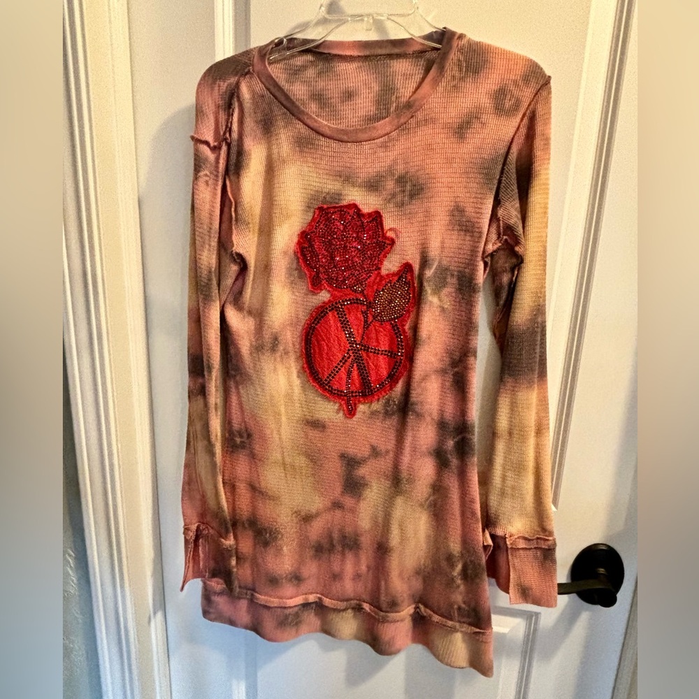 Tie-Dye Long Sleeve Top with Red Rose Patch